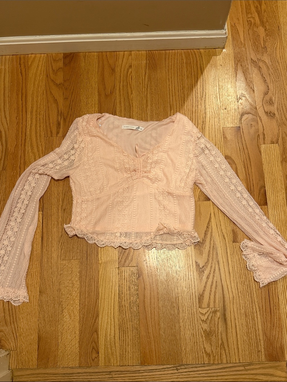 Altar'd State Pale Pink Lace Long Sleeve Crop Top